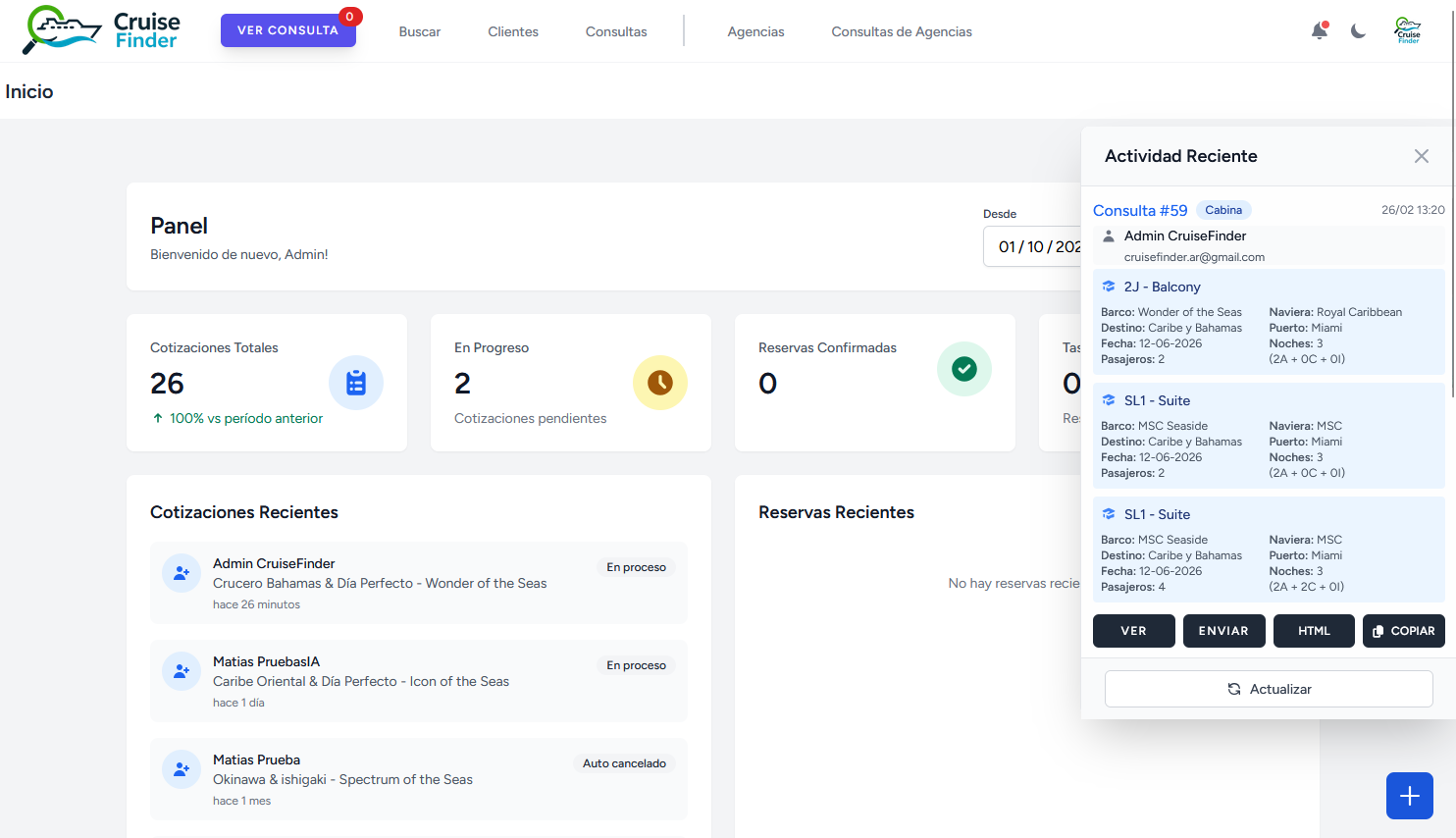 Panel de administración con cotizaciones, reservas, actividad reciente y acciones rápidas