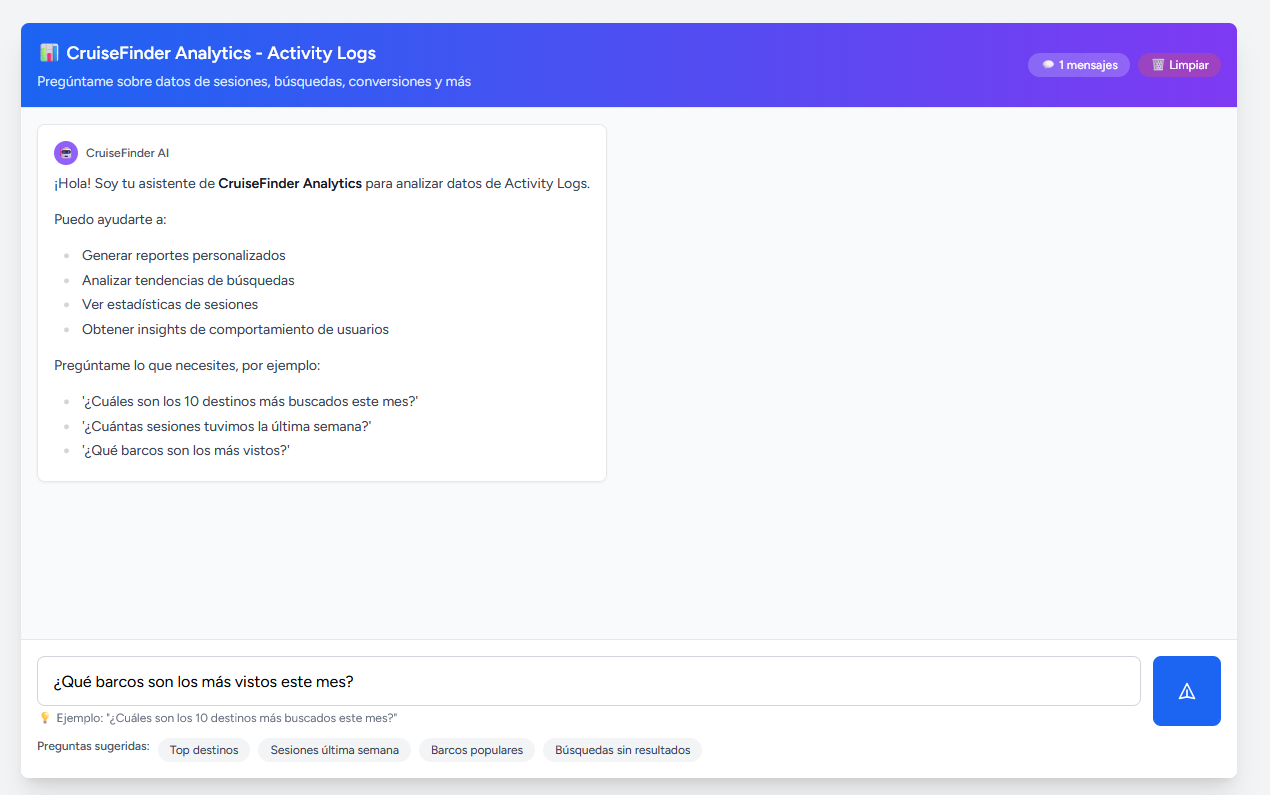 CruiseFinder Analytics AI: chatbot con preguntas sugeridas sobre activity logs