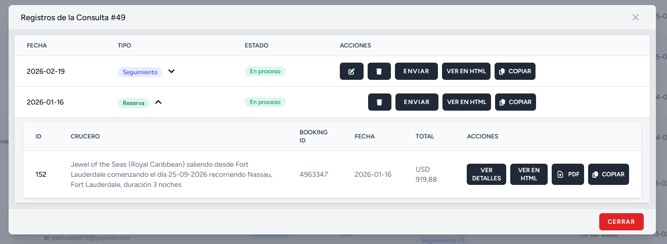 Gestión de reservas con booking ID y seguimiento