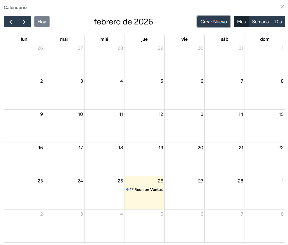 Calendario con eventos, reuniones y tasa de conversión