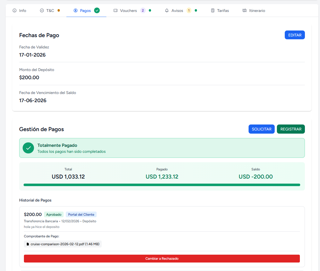 Detalle de reserva con info completa y línea de tiempo de pagos