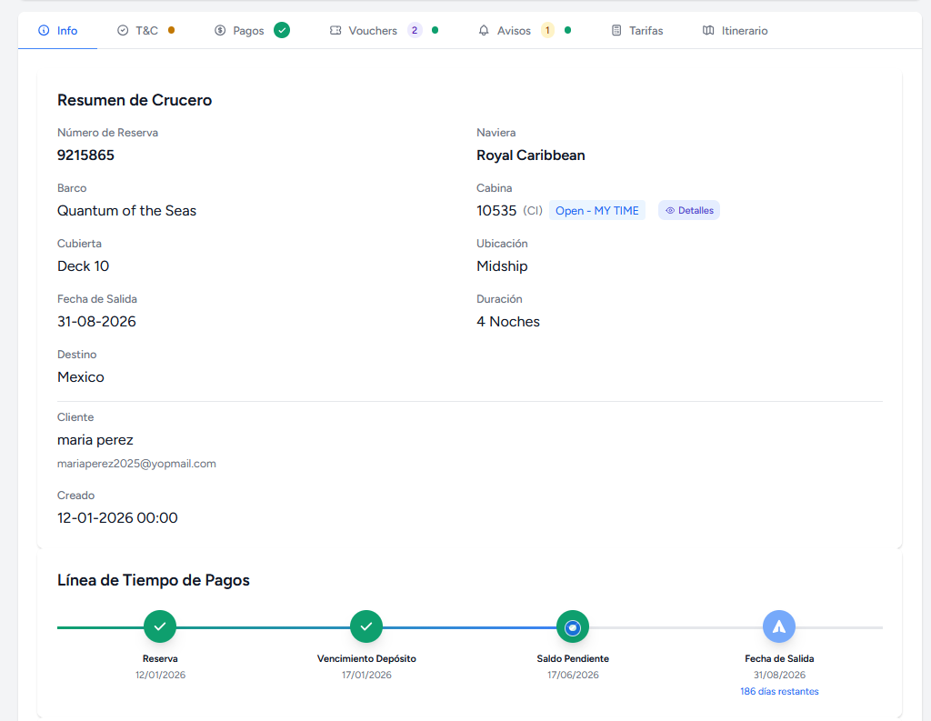 Mis Viajes: cotizaciones y reservas del cliente con múltiples navieras