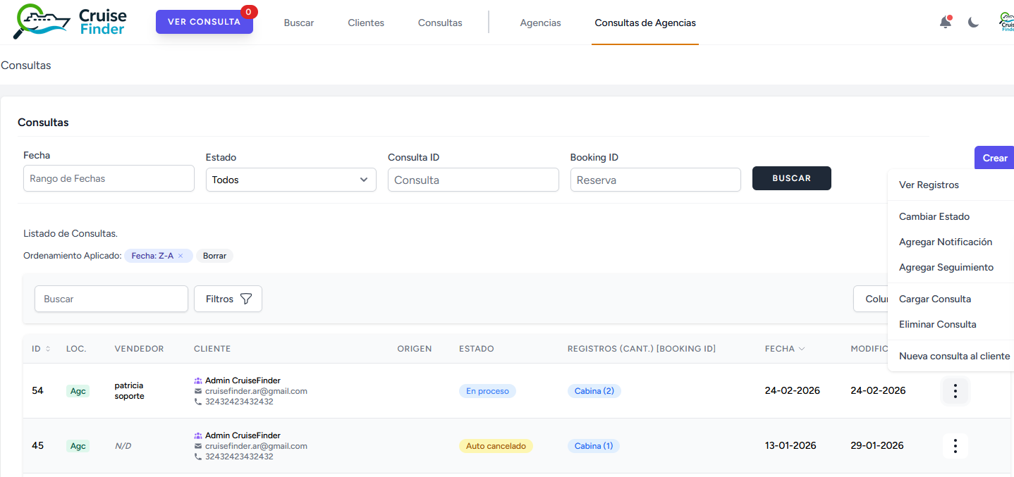 Consultas de agencias: listado con filtros, estados, registros y acciones de seguimiento
