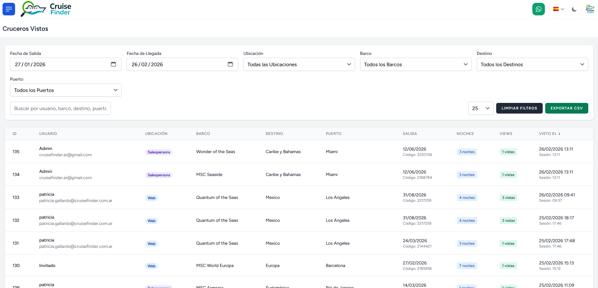 Cruceros vistos: filtro por fechas, ubicación, barco, destino, puerto con export CSV