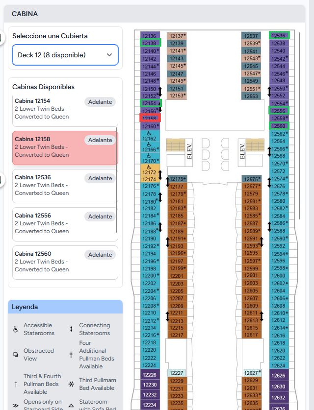 Selección de cabina específica en el mapa de cubierta