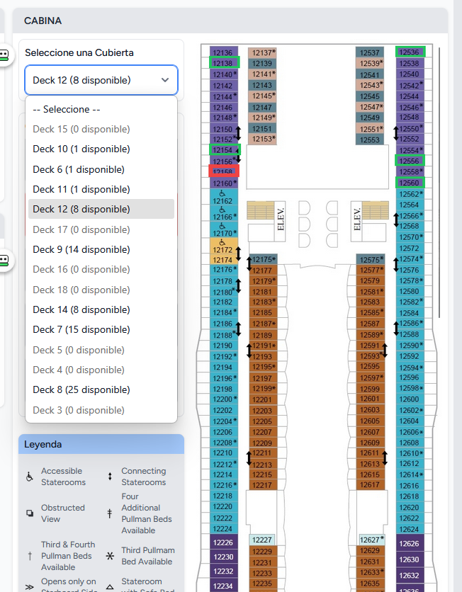 Mapa de cubierta con cabinas disponibles resaltadas