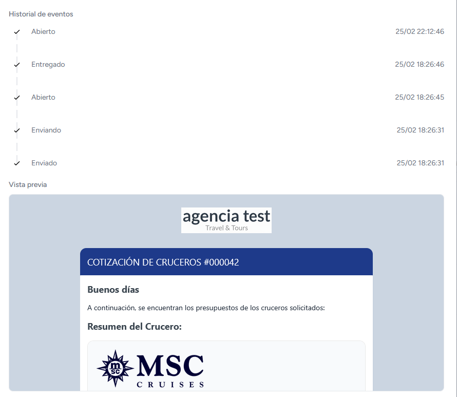 Vista previa de email: cotización con marca de la agencia, historial de eventos de envío