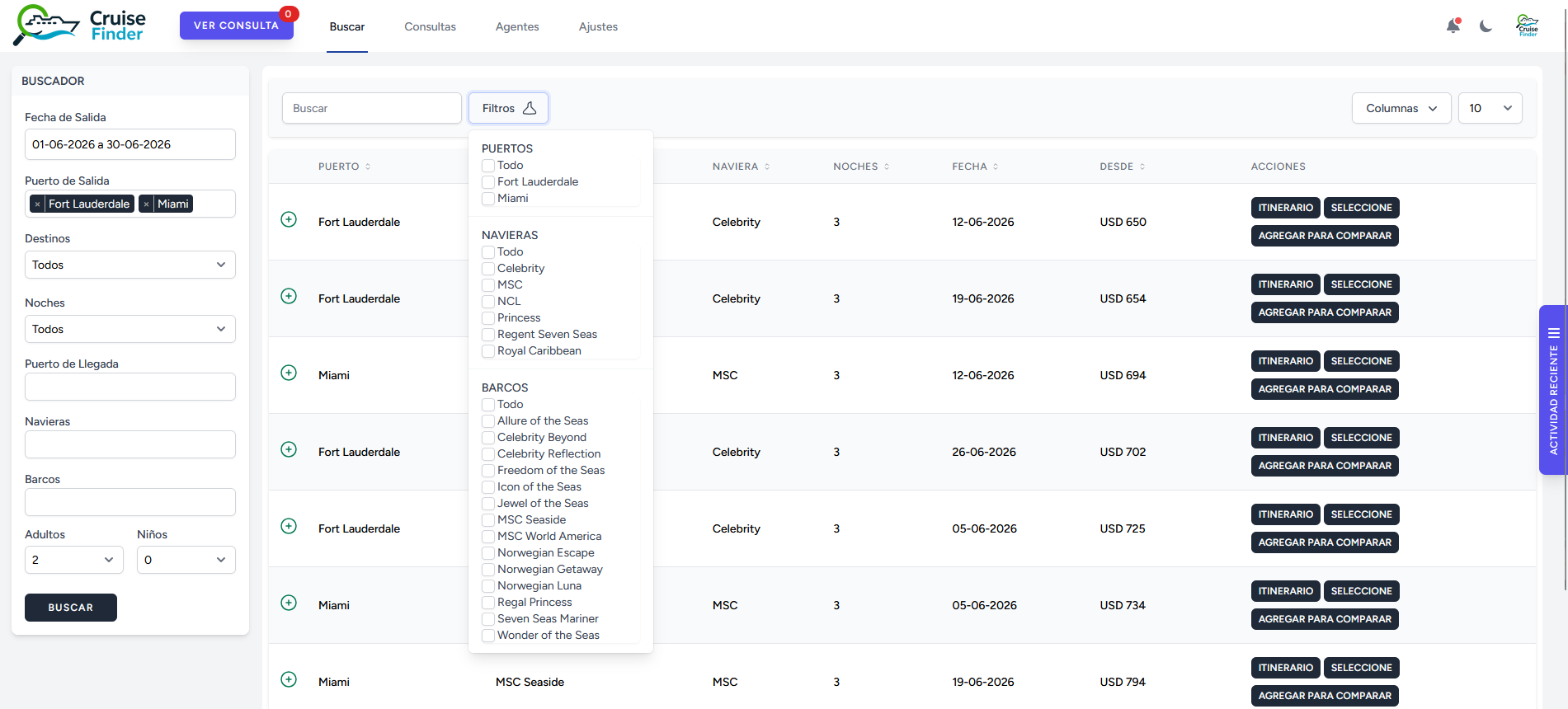 Buscador con filtros de puertos, navieras y barcos