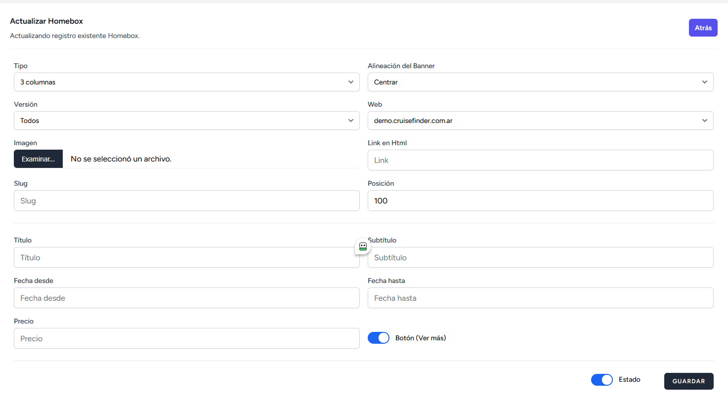 Editor de Homeboxes: tipo, alineación, versión, web, imagen, link, slug, posición, título, fechas, precio