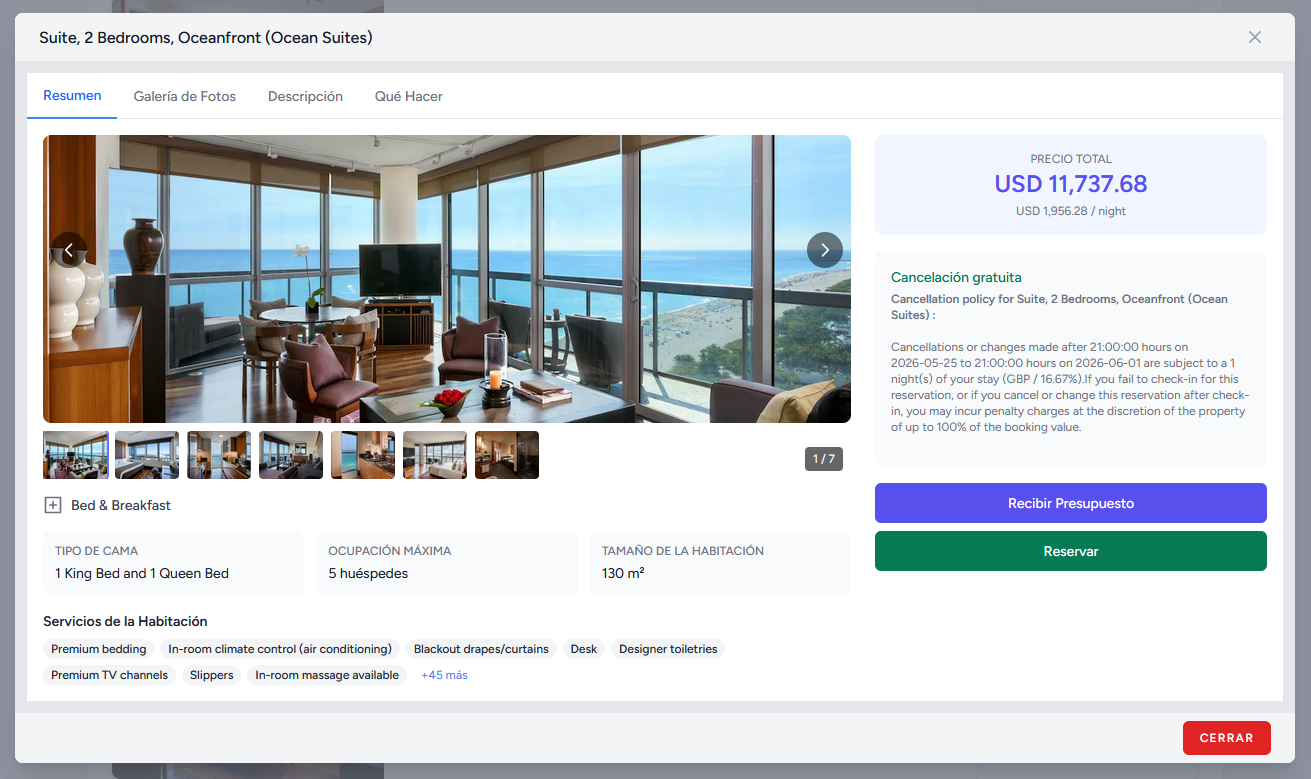 Detalle de habitación Suite Oceanfront con amenidades