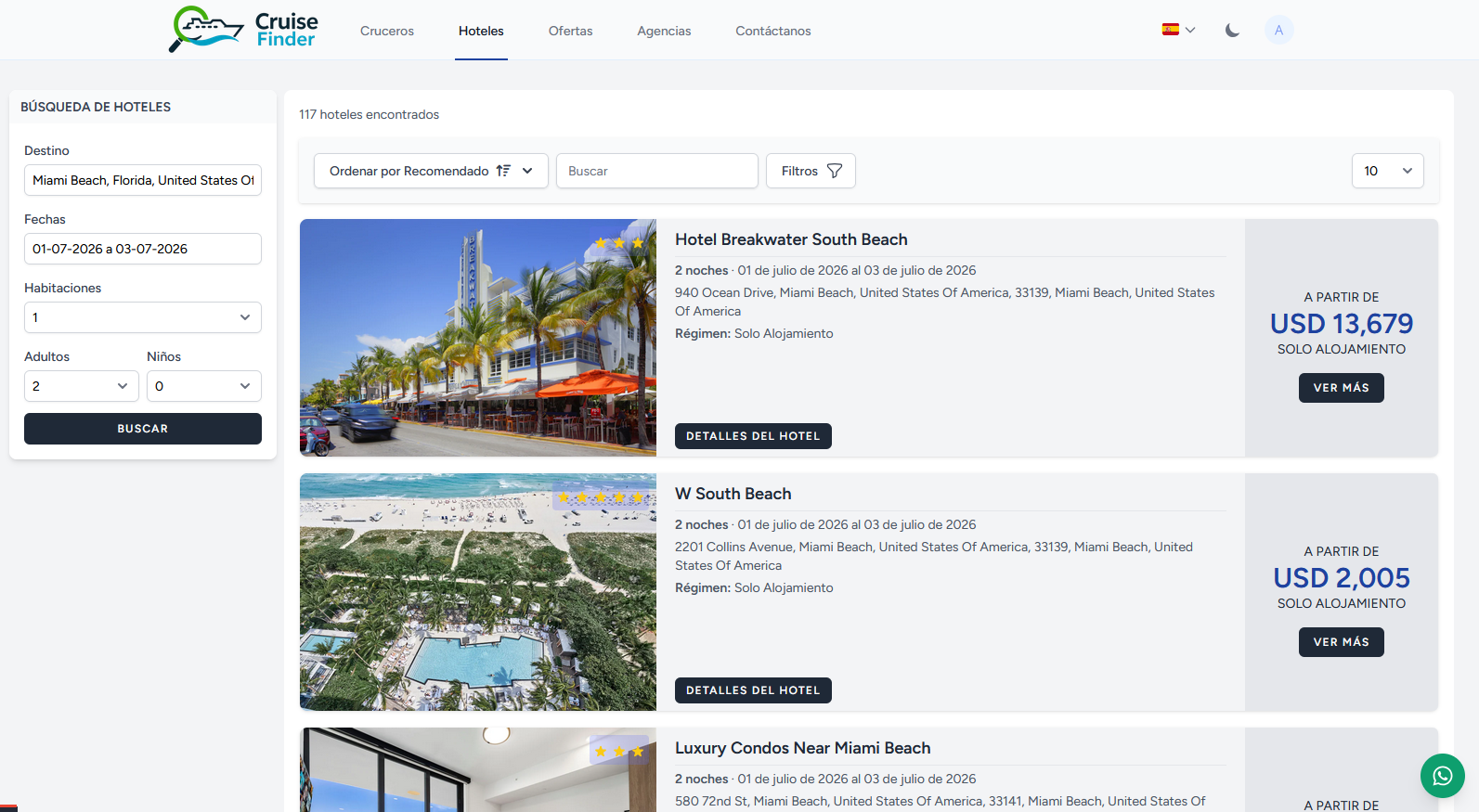 Búsqueda de hoteles con resultados