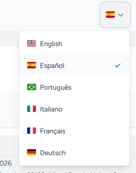 Selector de idiomas: Español, English, Português, Italiano, Français, Deutsch