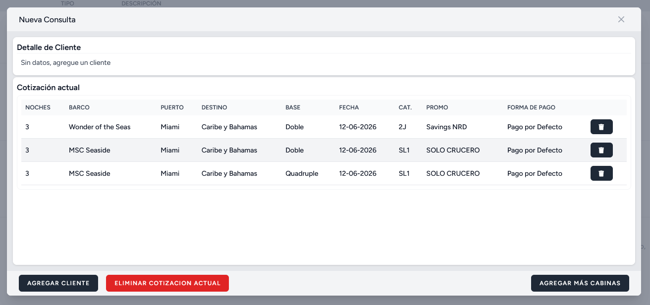 Cotización con Wonder of the Seas y MSC Seaside en distintas configuraciones