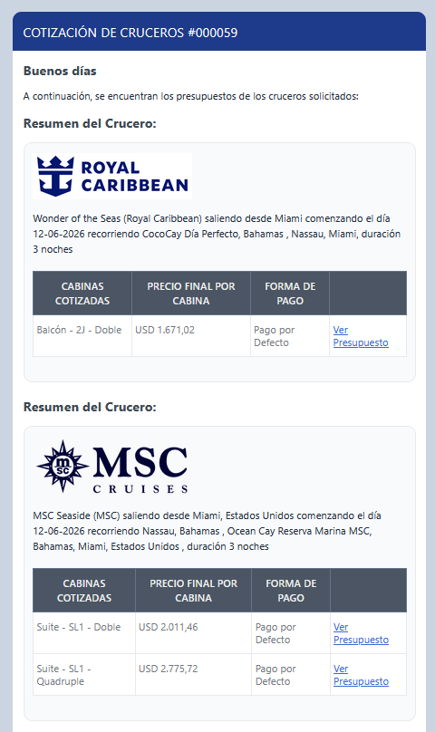 Vista PDF de cotización multi-naviera con logos de Royal Caribbean y MSC