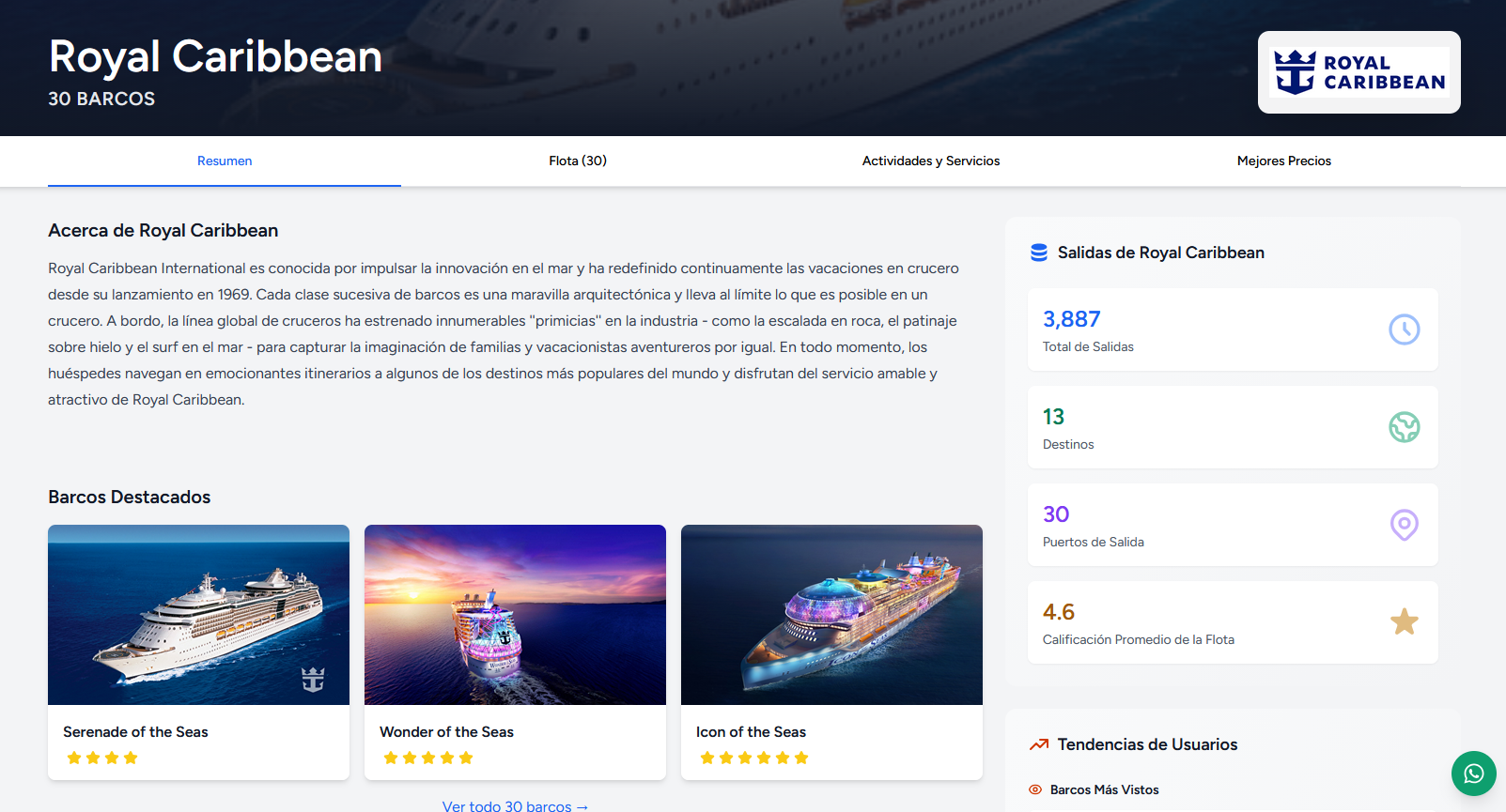 Página de Royal Caribbean: 30 barcos, 3,867 salidas, rating 4.6, barcos destacados