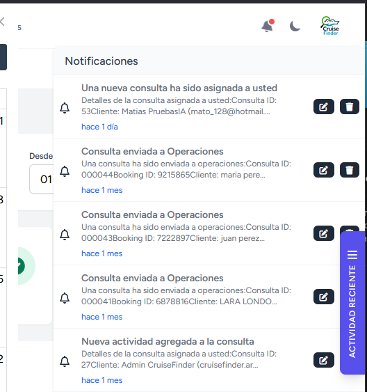 Notificaciones: asignaciones, consultas a operaciones, actividad nueva