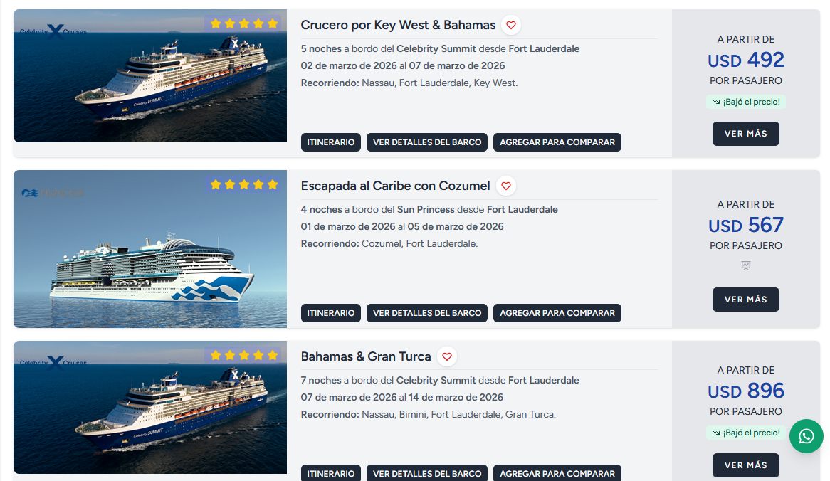 Resultados de búsqueda pública con precios, itinerarios y botones de acción