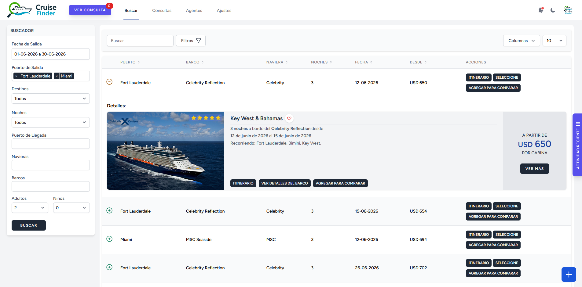 Buscador de cruceros con resultados y detalle expandido