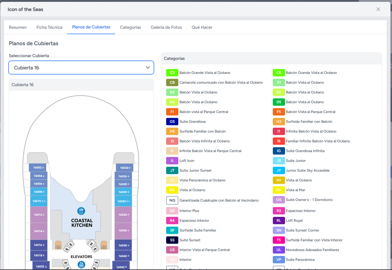Icon of the Seas: planos de cubiertas interactivos con selector de cubierta y categorías color-coded