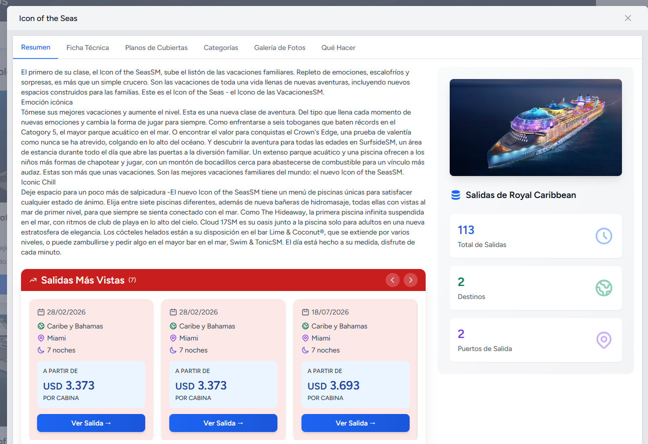 Icon of the Seas: resumen, salidas más vistas, 113 salidas, 2 destinos, 2 puertos