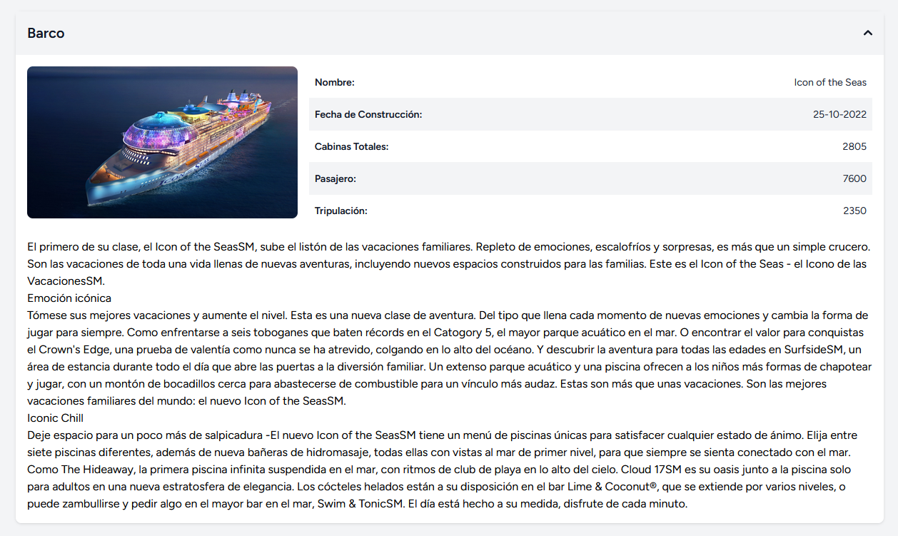 Información del barco con fotos y descripción