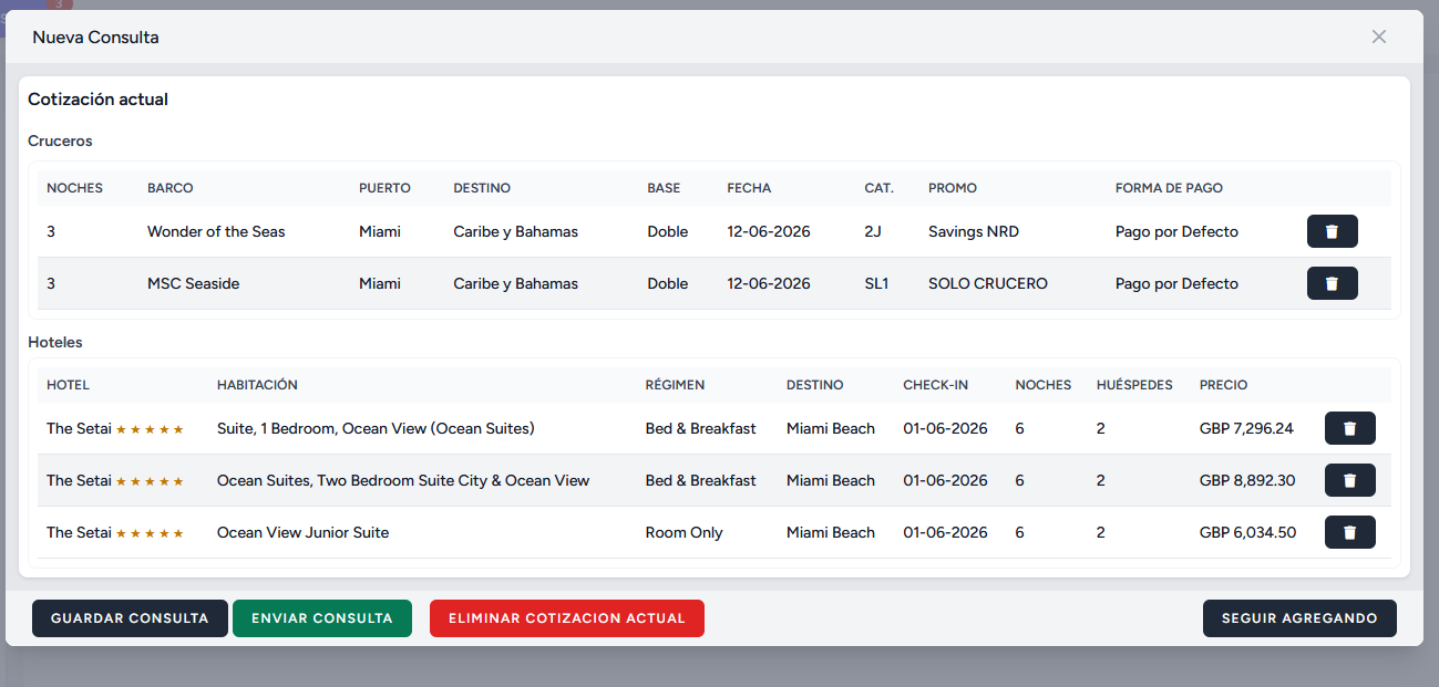 Cotización unificada con cruceros y hoteles juntos