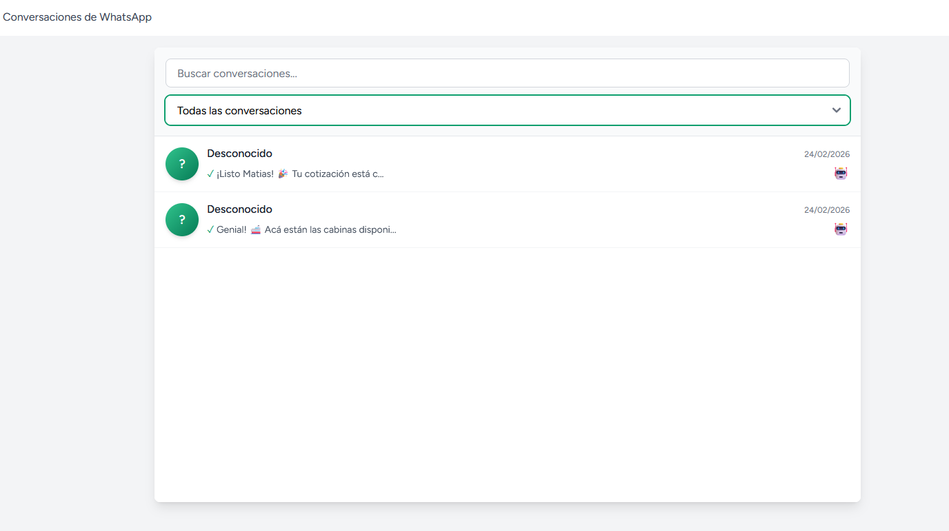 Conversaciones de WhatsApp: lista de mensajes con búsqueda y filtros