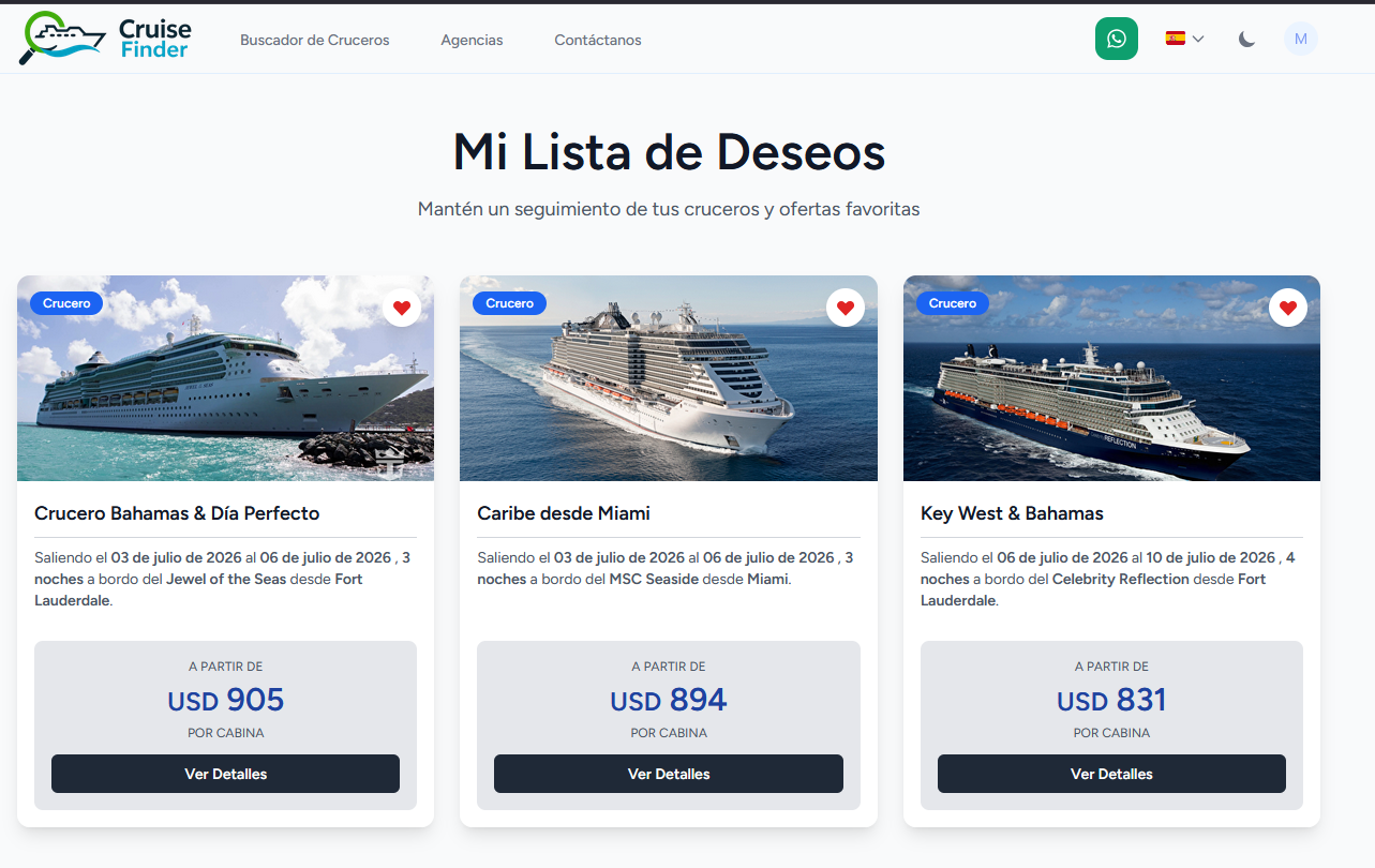 Mi Lista de Deseos: cruceros favoritos guardados con precios